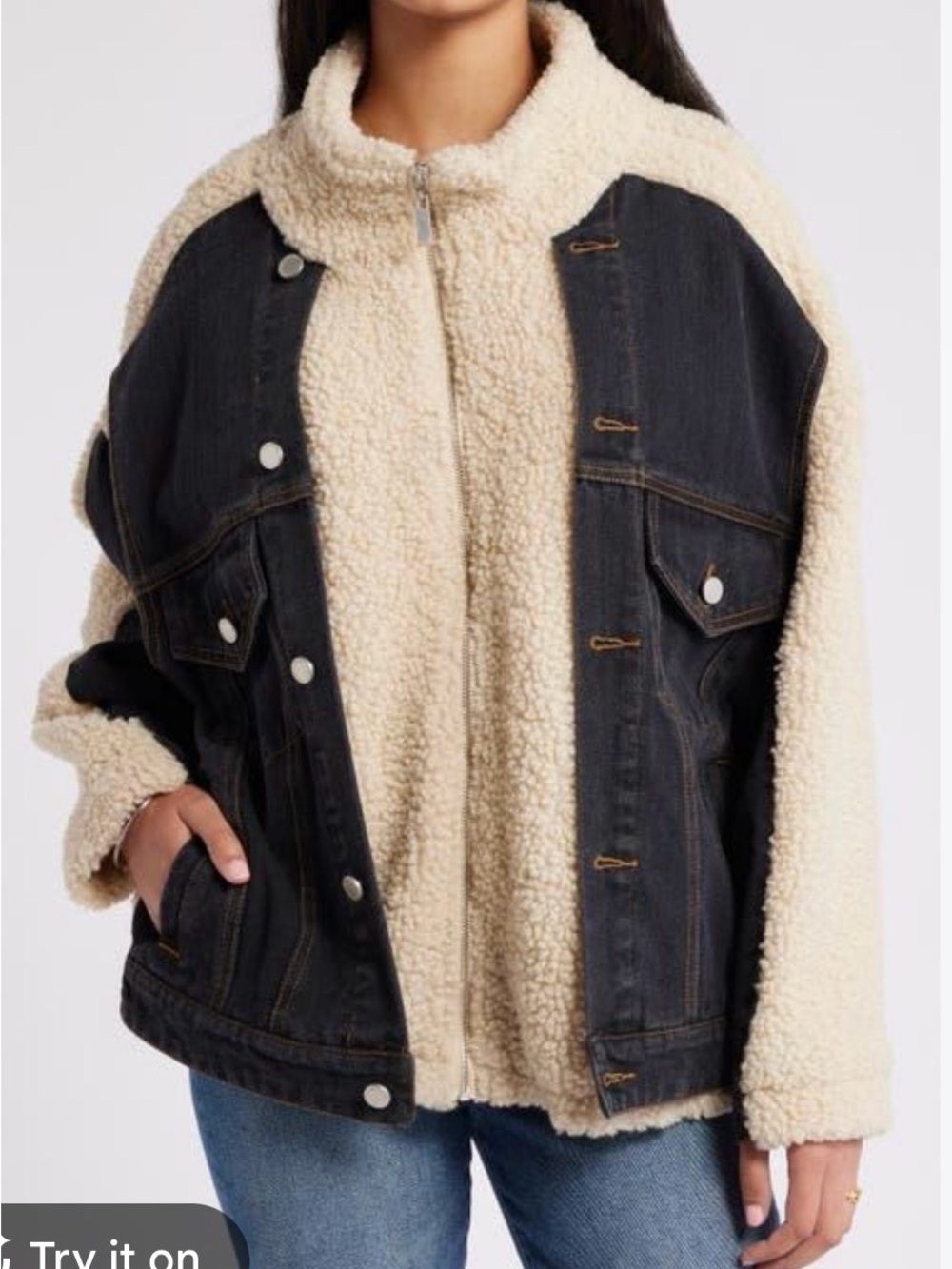 Blank NYC Women's Cream Sherpa & Black Denim Mixed Jacket